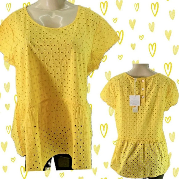 C&C California L Yellow Cotton Eyelet Scoop Neck Button Back Short Sleeve Blouse - Picture 1 of 6